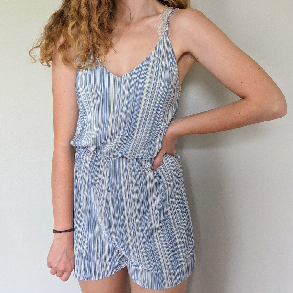 Small Everly Blue & Cream Satin-y Romper
